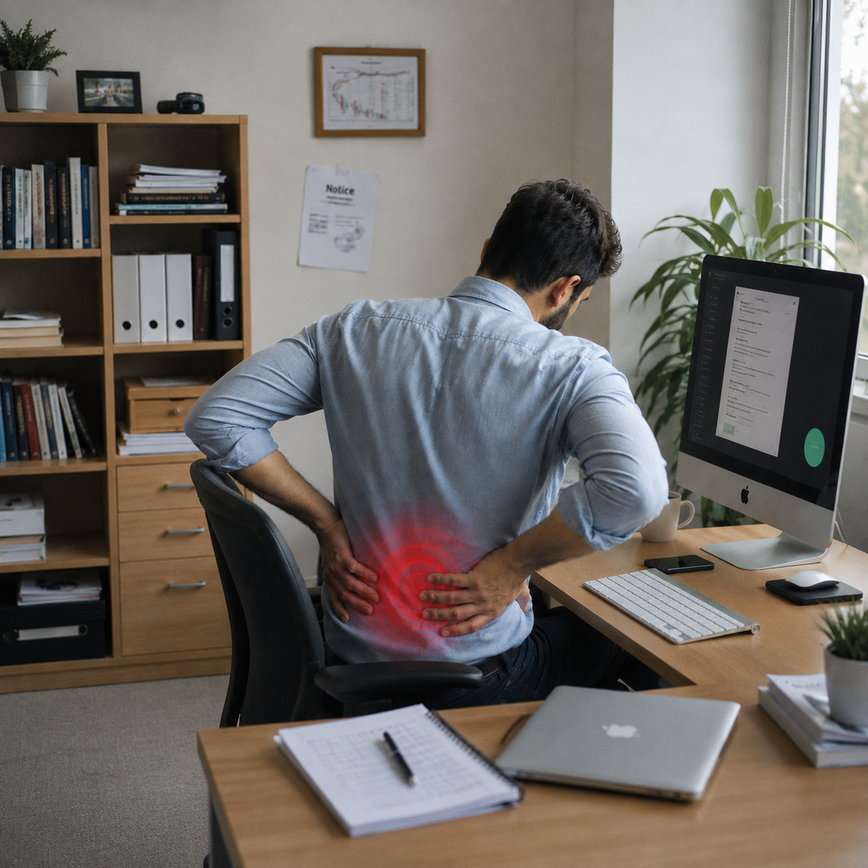 Office worker holding lower back in pain at desk