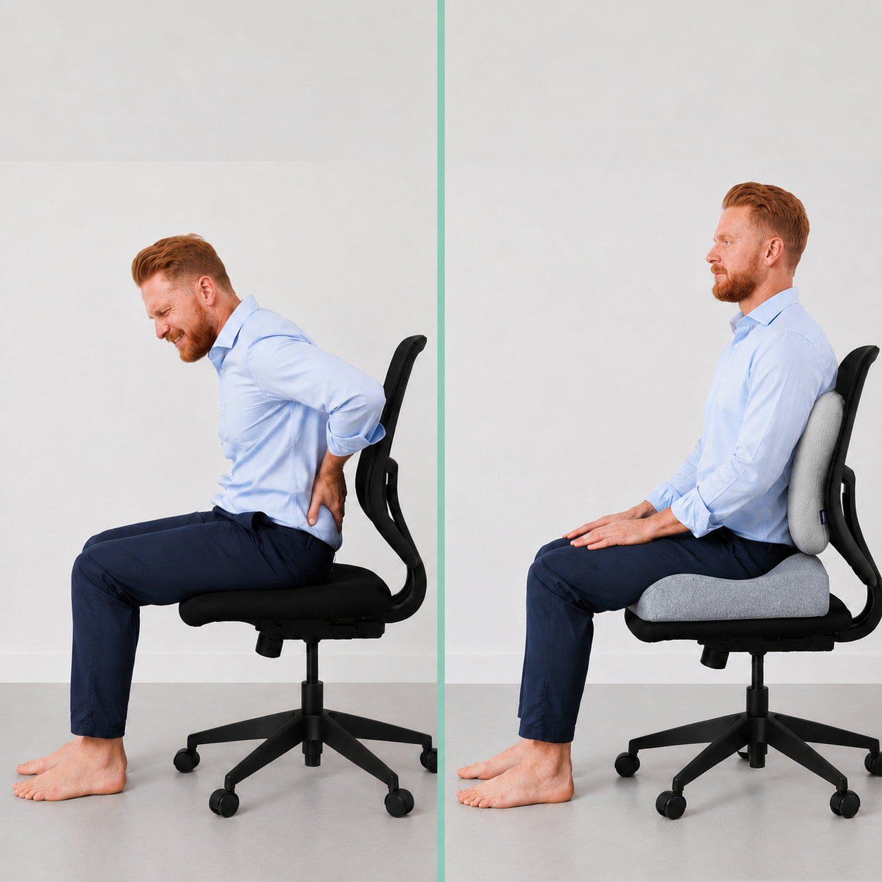 Diagram showing pelvic tilt with and without ergonomic cushion