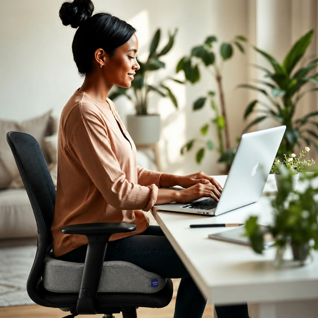 Woman working comfortably at her home office