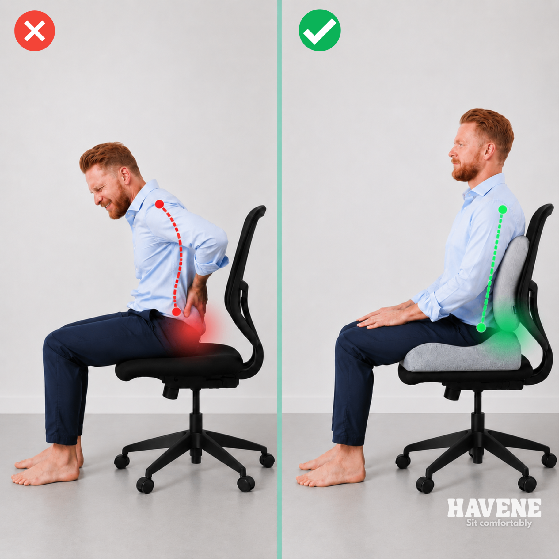 Diagram showing pelvic tilt with and without ergonomic cushion