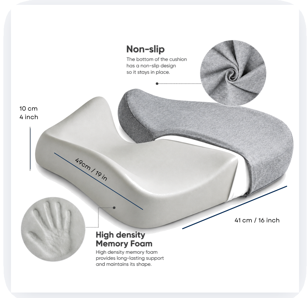 Cloud Seat Cushion with dimensions showing non-slip base and high-density memory foam